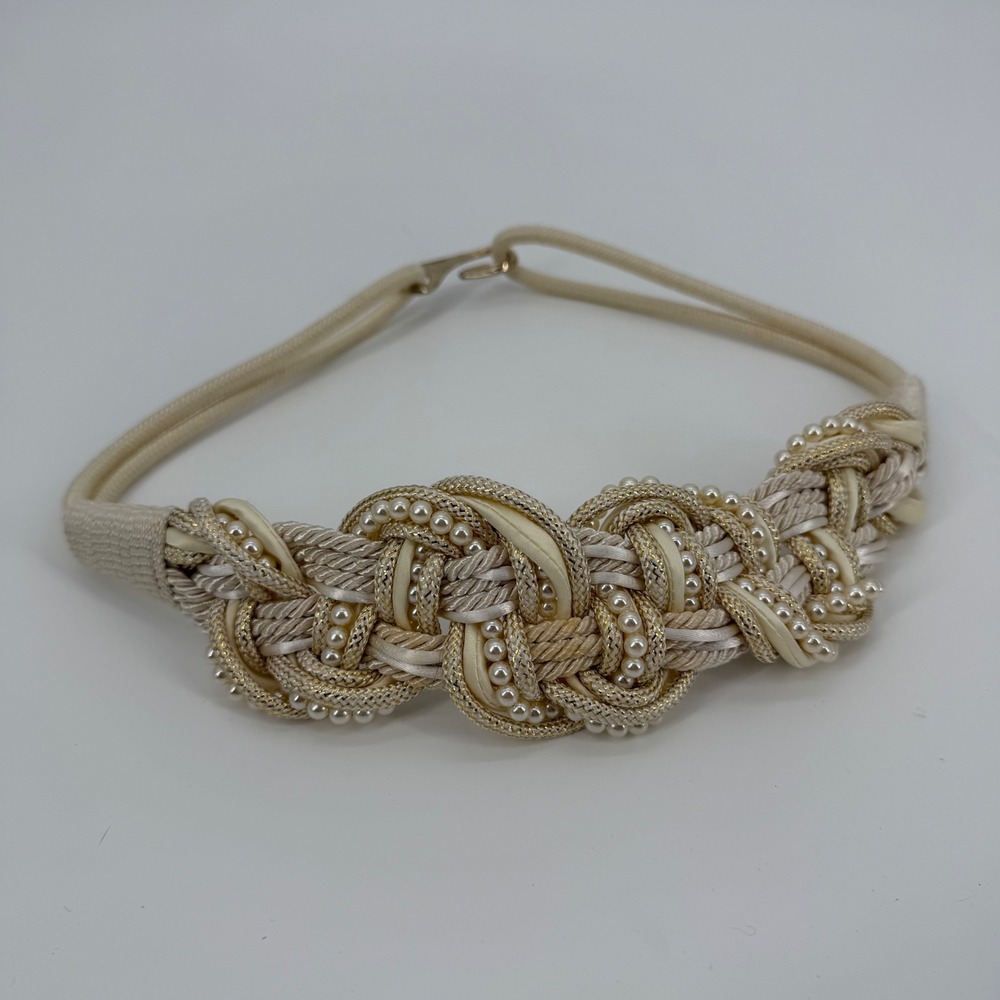 Leather Shop Braided Rope Belt Cream Faux Pearl Knotted Metallic Gold Size S